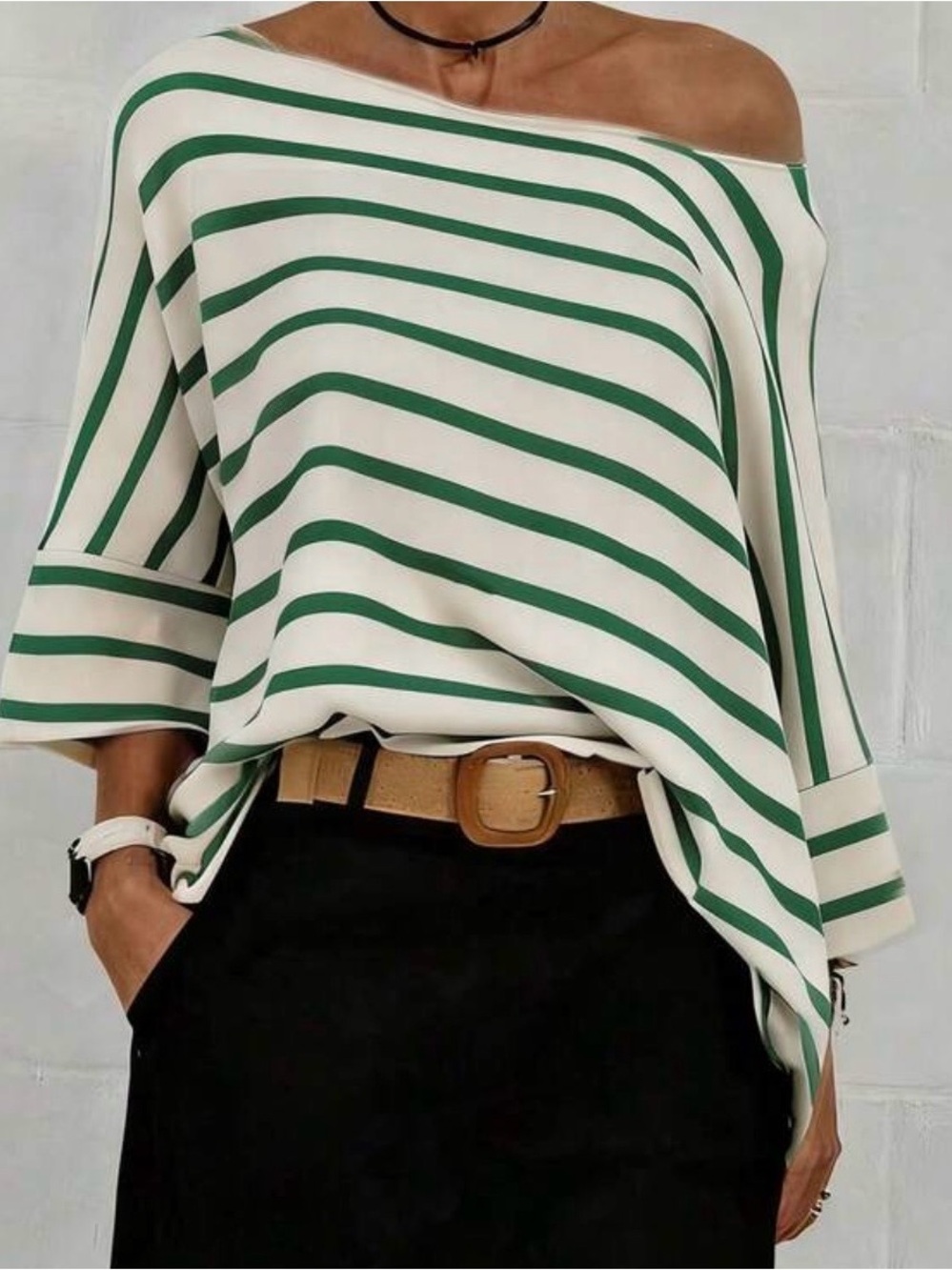 Off-Shoulder Green & White Striped Women's Top